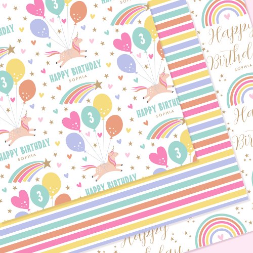 Happy Birthday Unicorn Rainbow Any Age Kids Name Wrapping Paper Sheets