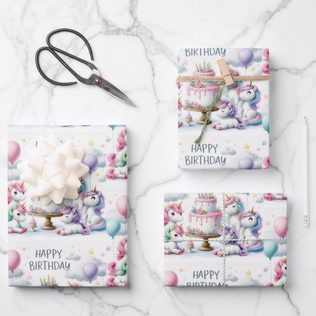 Happy Birthday Unicorn Themed Wrapping Paper Sheets (Front)