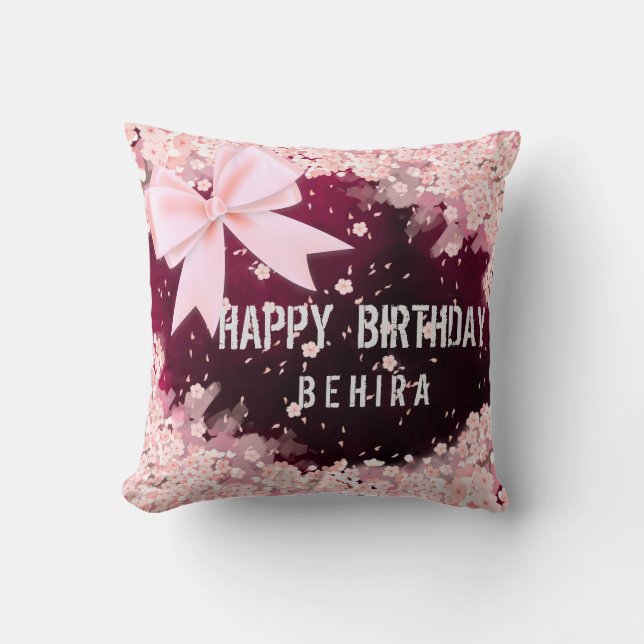 Happy birthday unique gift flowers and bow throw pillow (Front)