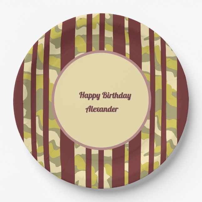 Happy Birthday Urban Camouflage Stripe Pattern Paper Plates (Front)