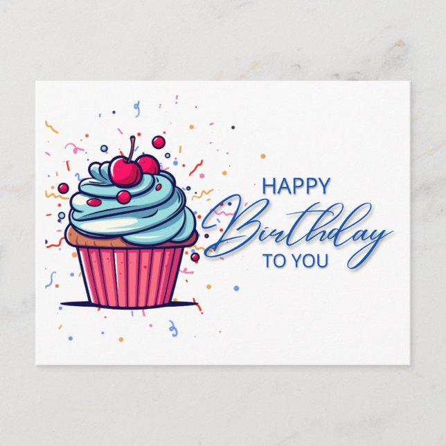 Happy Birthday: Vibrant Blue Cupcake Postcard (Front)