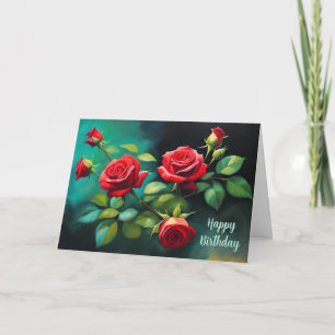 Happy Birthday Vibrant Red Roses Floral   Card