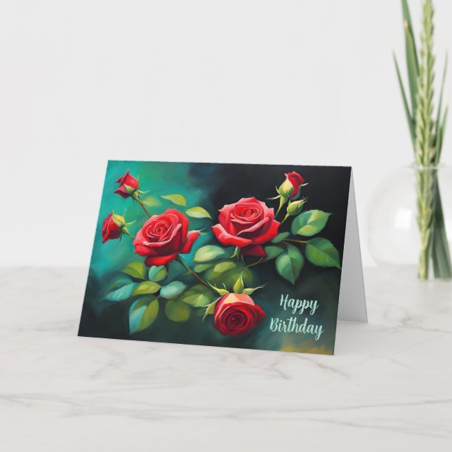 Happy Birthday Vibrant Red Roses Floral   Card (Front)