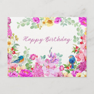 Happy Birthday Vibrant Watercolor Flowers Postcard