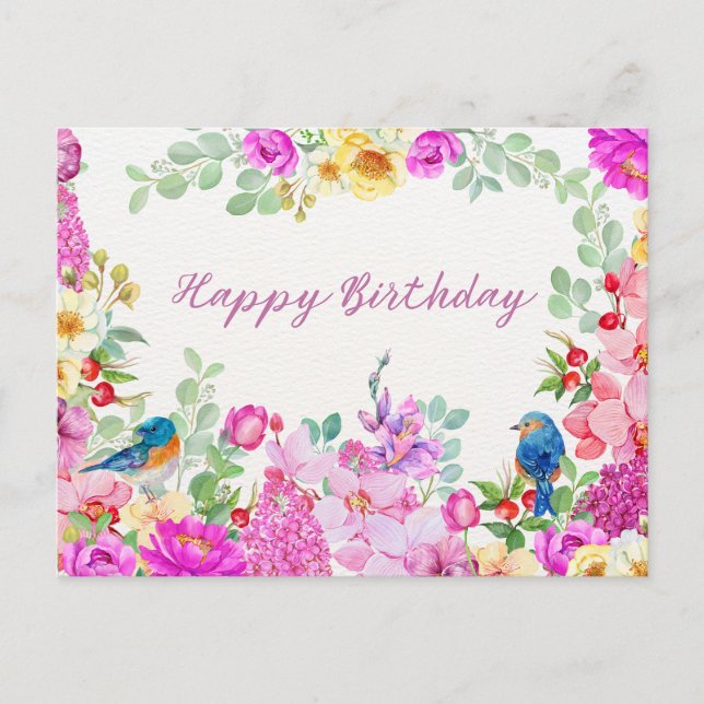 Happy Birthday Vibrant Watercolor Flowers  Postcard (Front)