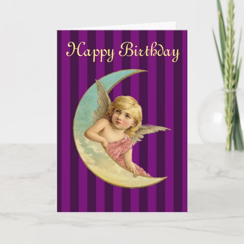 Happy Birthday _ Vintage angel on a crescent moon Card