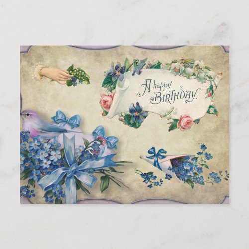 Happy Birthday Vintage Blue Forget_Me_Not Flowers  Postcard