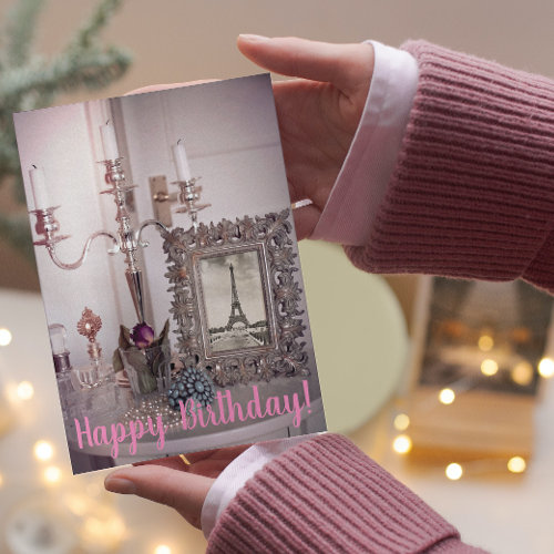 Happy Birthday! Vintage Eiffel Tower Photo Frame Greeting Card