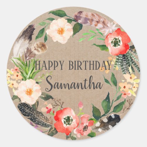 Happy Birthday Vintage Floral Wreath Craft Pink Classic Round Sticker