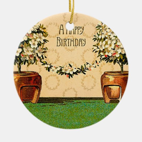 Happy Birthday Vintage Flowering Pots Ceramic Ornament