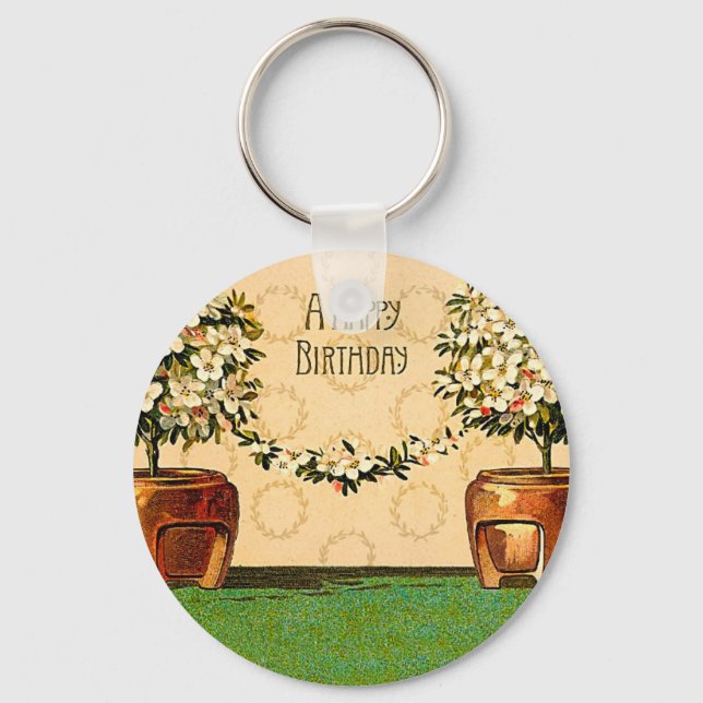 Happy Birthday Vintage Flowering Pots Keychain (Front)