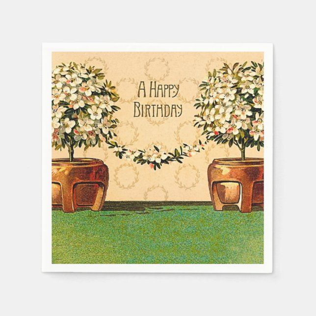 Happy Birthday Vintage Flowering Pots Paper Napkin (Front)