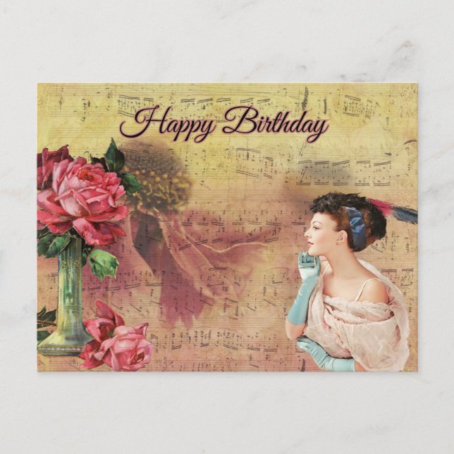 Happy Birthday Vintage Lady with Roses  Postcard (Front)
