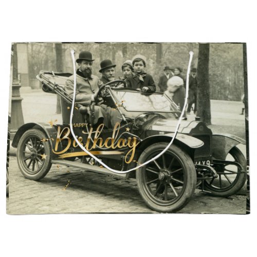 Happy Birthday Vintage Old Car and People     Large Gift Bag