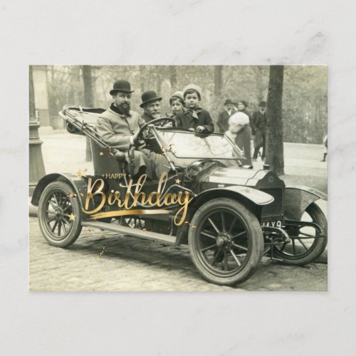 Happy Birthday Vintage Old Car and People  Postcard