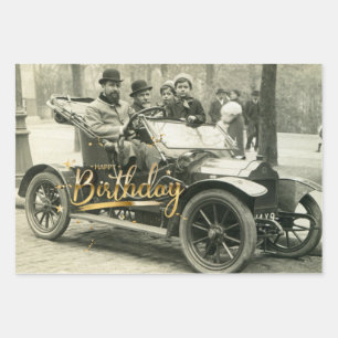 Happy Birthday Vintage Old Car and People Wrapping Paper Sheets
