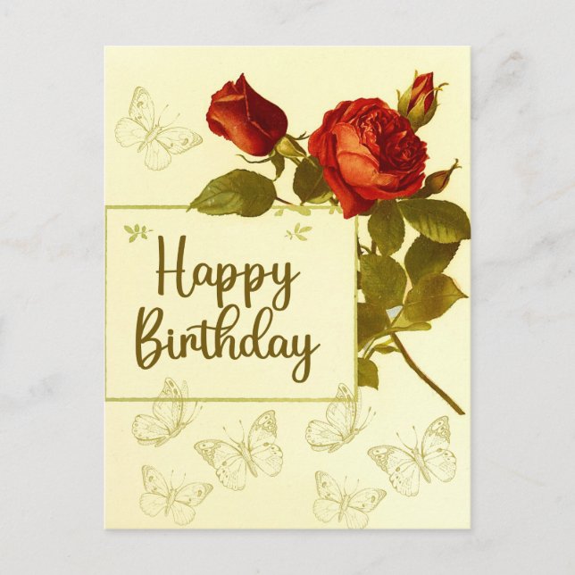 Happy Birthday Vintage Red Roses and Butterflies  Postcard (Front)