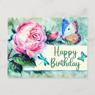 Happy Birthday Vintage Roses and Butterflies Postcard