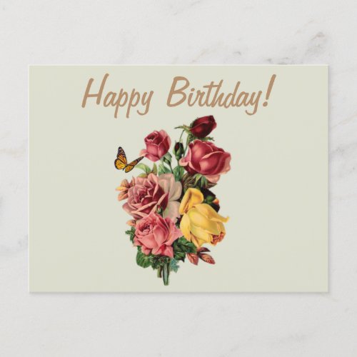 Happy Birthday Vintage Roses and Butterfly  Postcard