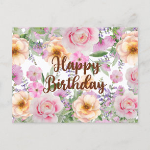 Happy Birthday Vintage Roses and Wildflowers  Postcard