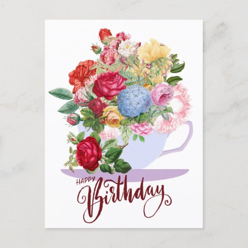 Happy Birthday Vintage Roses in a Tea Cup Postcard