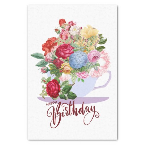 Happy Birthday Vintage Roses in a Tea Cup Tissue Paper