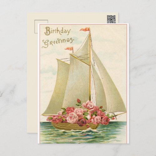  Happy Birthday Vintage Sail Boat Full of Roses Postcard