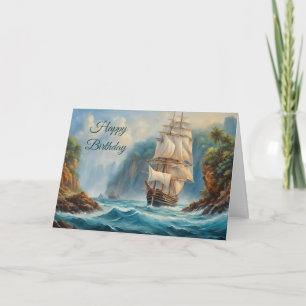 Happy Birthday Vintage Sail Ship near Island Card