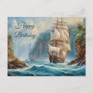 Happy Birthday Vintage Sail Ship near Island Postcard