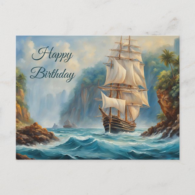 Happy Birthday Vintage Sail Ship near Island  Postcard (Front)