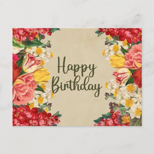 Happy Birthday Vintage Spring Flowers  Postcard