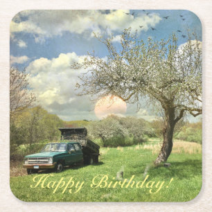 Happy Birthday Vintage Truck Farm Square Paper Coaster