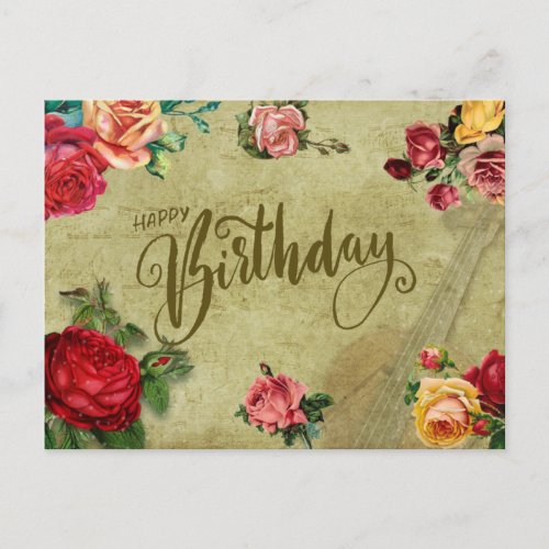 Happy Birthday Vintage Vibrant Roses and Violin  Postcard
