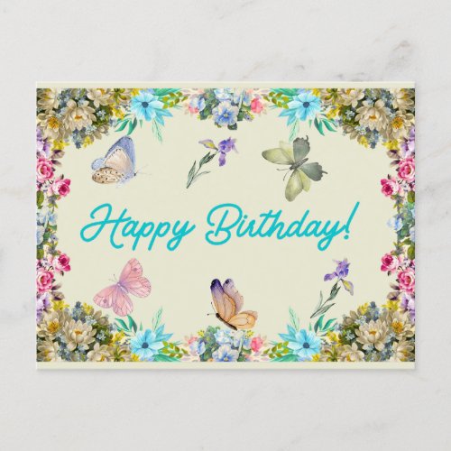 Happy Birthday Vintage Watercolor Flowers Postcard