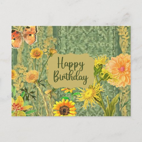 Happy Birthday Vintage Yellow  Orange Flowers Postcard