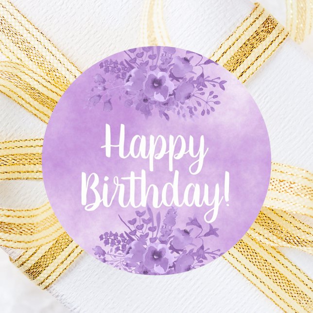 Happy Birthday violet flowers Classic Round Sticker (Creator Uploaded)