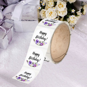 Happy Birthday violet pansies flowers white Classic Round Sticker