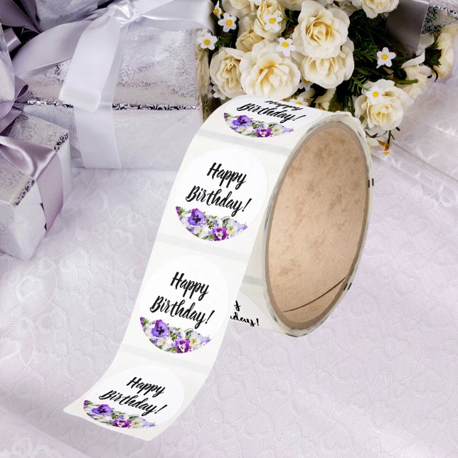 Happy Birthday violet pansies flowers white Classic Round Sticker (Creator Uploaded)