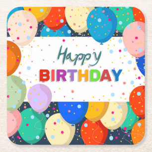Happy Birthday w/Balloons Square Paper Coaster