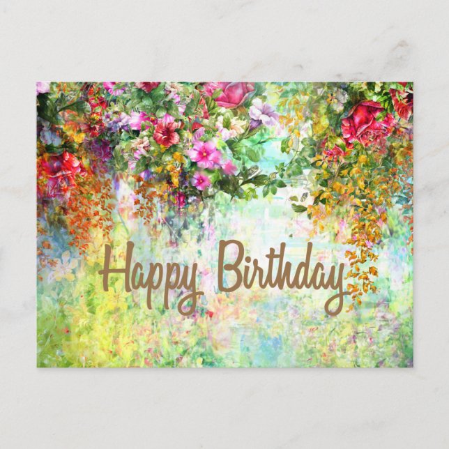 Happy Birthday Watercolor Abstract Flowers  Postcard (Front)