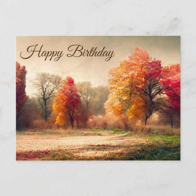 Happy Birthday Watercolor Autumn Forest Landscape Postcard (Front)