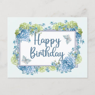 Happy Birthday Watercolor Blue Hydrangea Flowers Postcard