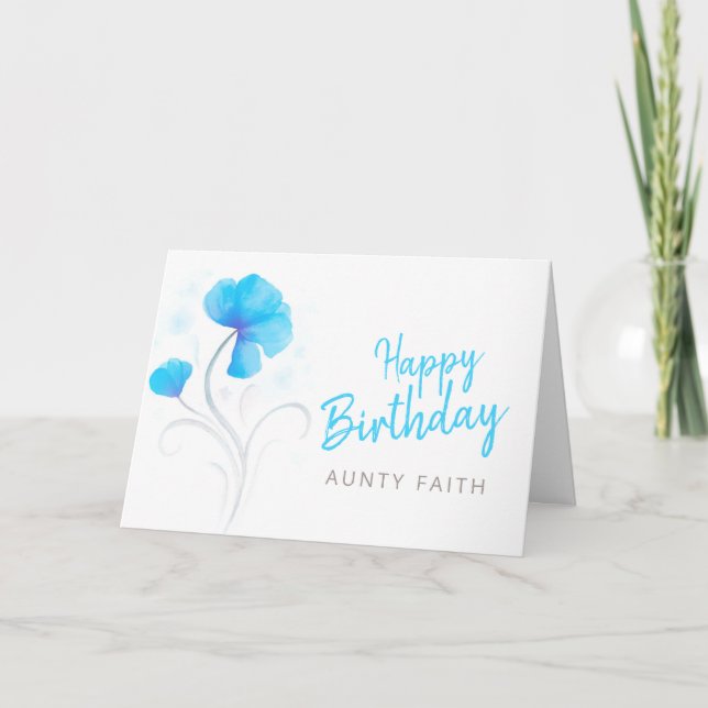Happy Birthday watercolor blue poppy style flowers Card (Front)