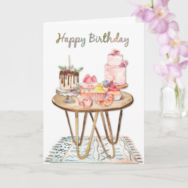 Happy Birthday Watercolor Cake and Patries Card (Orchid)