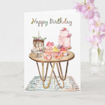 Happy Birthday Watercolor Cake And Patries Card by MaggieMart at Zazzle