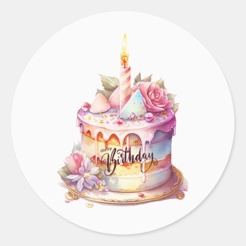 Happy Birthday Watercolor Cake with Flowers  Classic Round Sticker