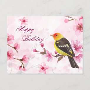 Happy Birthday Watercolor Cherry Blossom & Bird Postcard