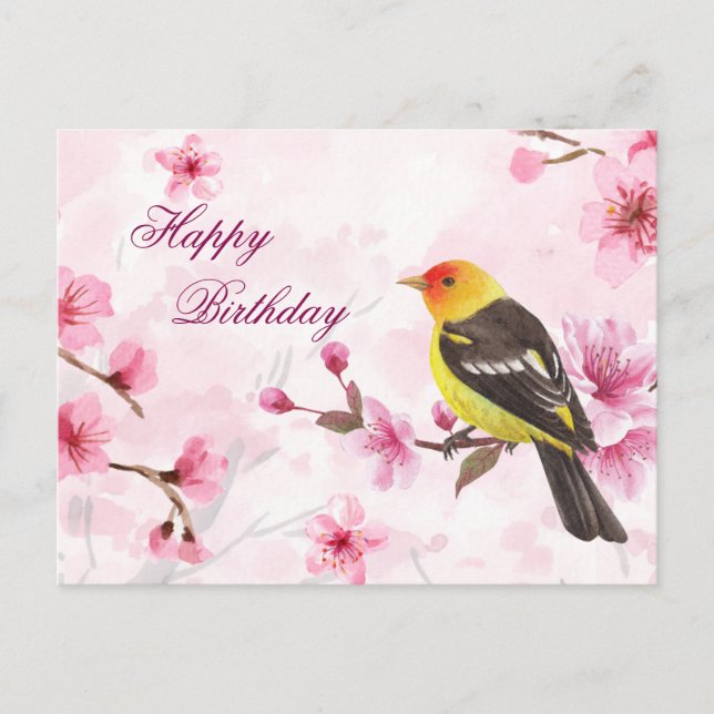 Happy Birthday Watercolor Cherry Blossom & Bird  Postcard (Front)