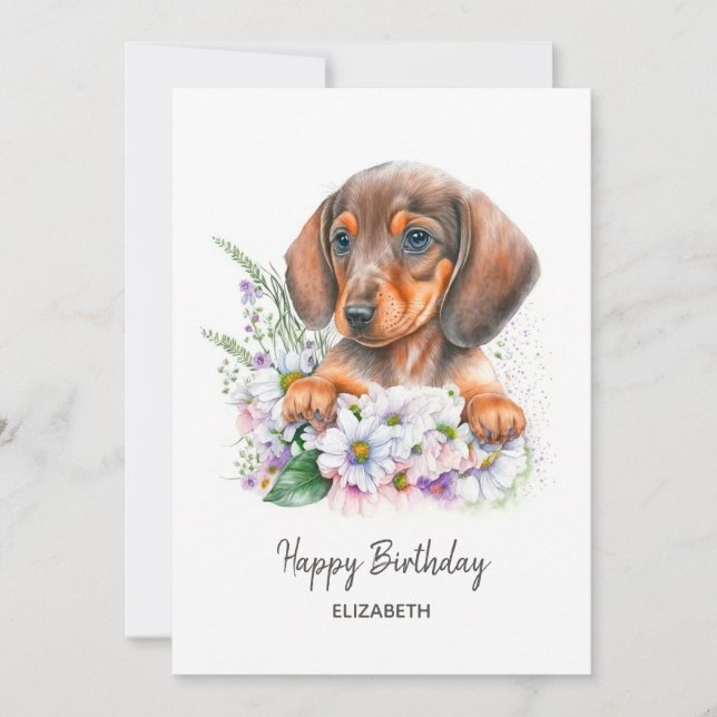 Happy Birthday | Watercolor Dachshund and Florals (Front)