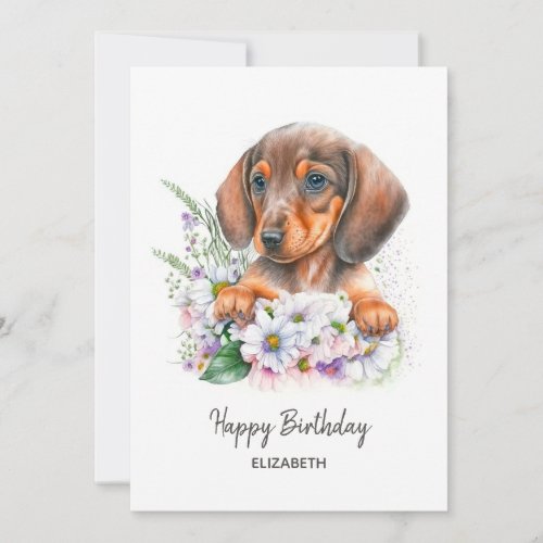 Happy Birthday  Watercolor Dachshund and Florals